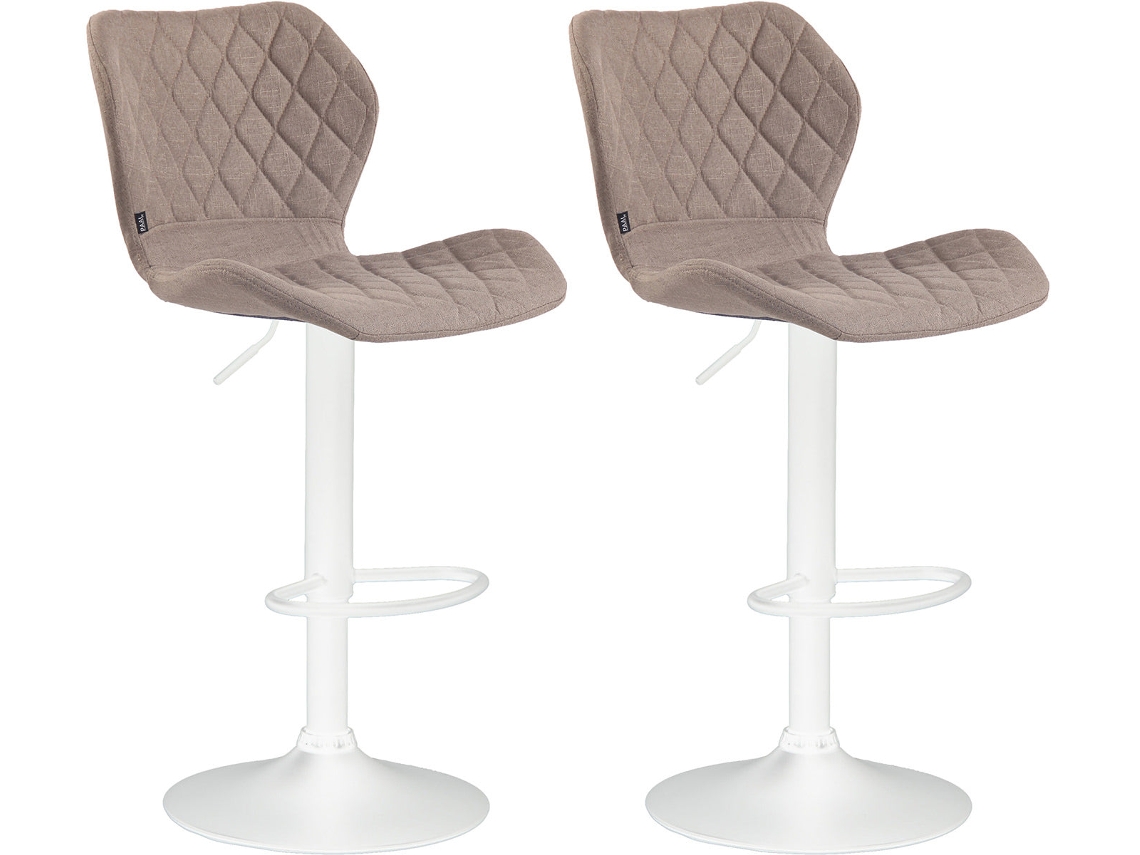 Conjunto de 2 banquetas de bar com costura decorativa em formato de diamante, em tecido bege e metal branco 10_0004123