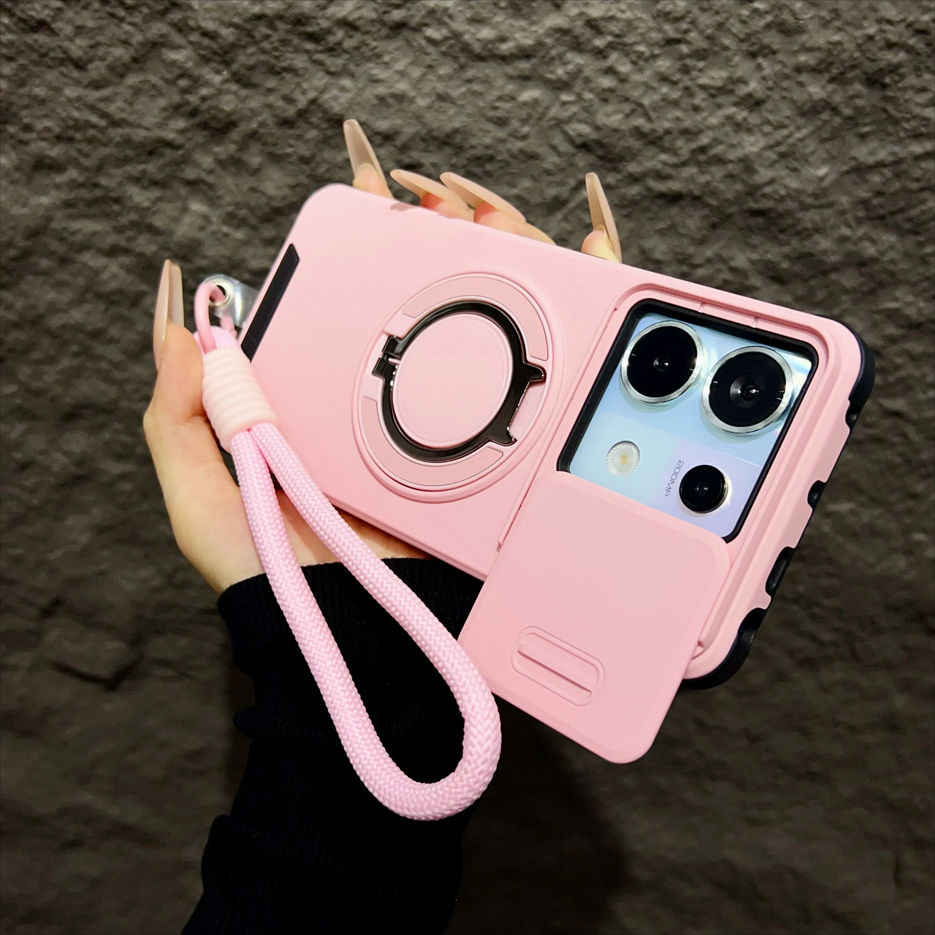 (rosa, Redmi Note 14 Pro) Capa Protetora Com Suporte Giratório De 360°, Anel Metálico Magnético E Proteção Contra Impactos.