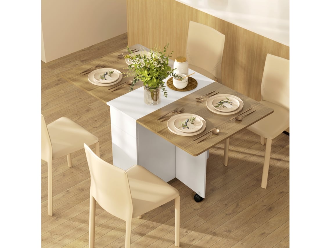 Mesa Auxiliar, Extensível, Retangular, Com 2 Gavetas, 140 × 76 × 74 Cm, Branco