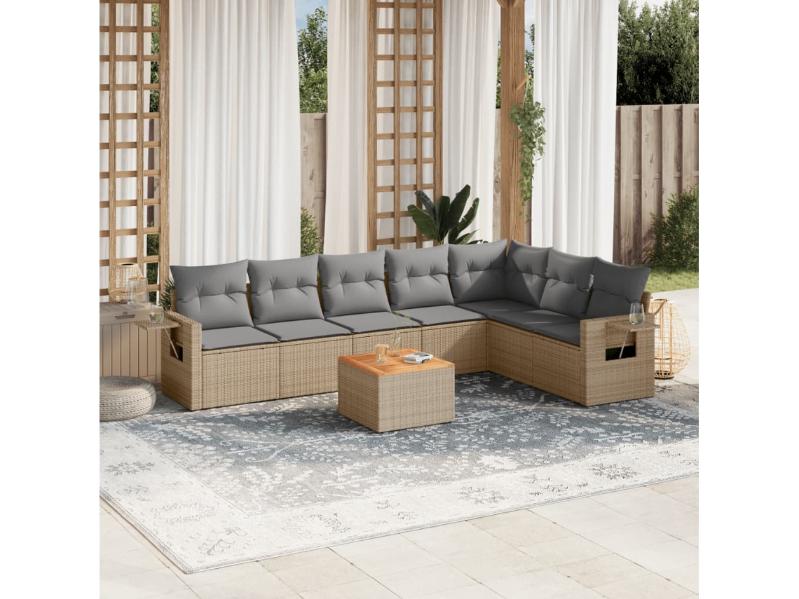 Vidaxl 8 Pcs Conj. Sofás Jardim C/ Almofadões Vime Pe Bege Misturado