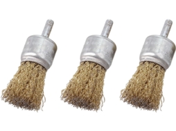 Conjunto De 3 Escovas Aço Revestidas Latão 25mm Com Haste 6mm Para Remoção Ferrugem E Rebarbação, Nas Cores Dourada E