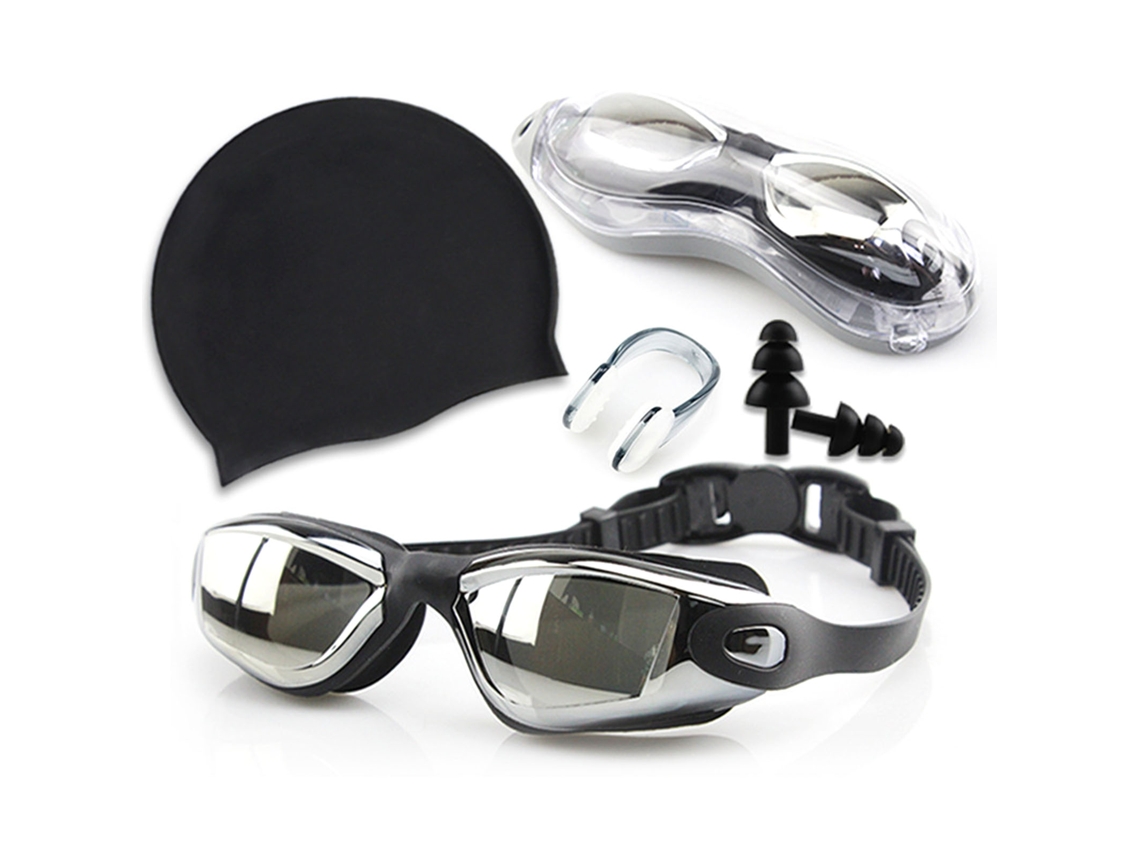 Óculos de Natação para Adultos, Touca com Lentes de Silicone Preto e Policarbonato, Protetores Auriculares e Clipe Nasal AQUAFORGE