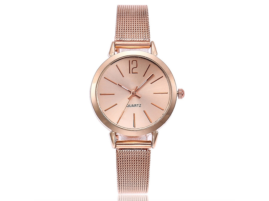 Relógio de Pulso de Moda com Pulseira de Malha Quartzo Design Minimalista Elegante Ouro Rosa