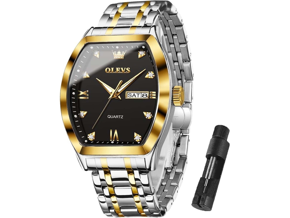 Lurelia Relógio Masculino, Movimento De Quartzo, Luminoso, Detalhes Com Strass, Aço Inoxidável, Resistente À Água 30m, Preto, Dourado
