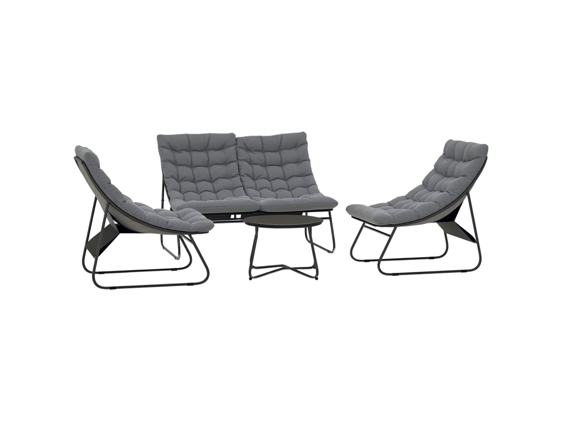 Conjunto de Móveis de Jardim 4 Lugares, 2 Cadeiras, 1 Sofá Duplo, 1 Mesa, Almofadas Grossas, Estrutura de Aço, para Terraço, Cinza