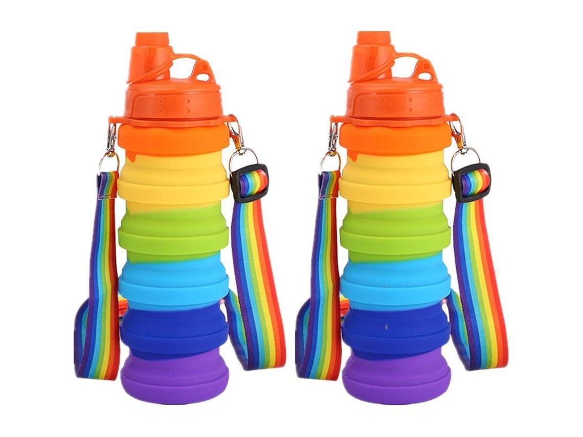 Garrafa de água dobrável de silicone com estampa de arco-íris, reutilizável e portátil, 500ml, livre de BPA, ideal para viagens e esportes.