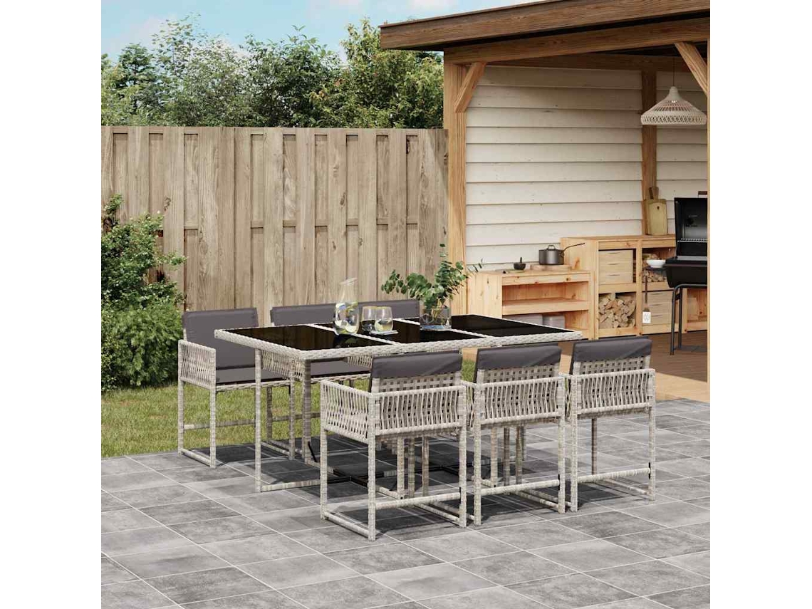 Vidaxl 7 Pcs Conj. Jantar P/ Jardim C/ Almofadões Vime Pe Cinza claro