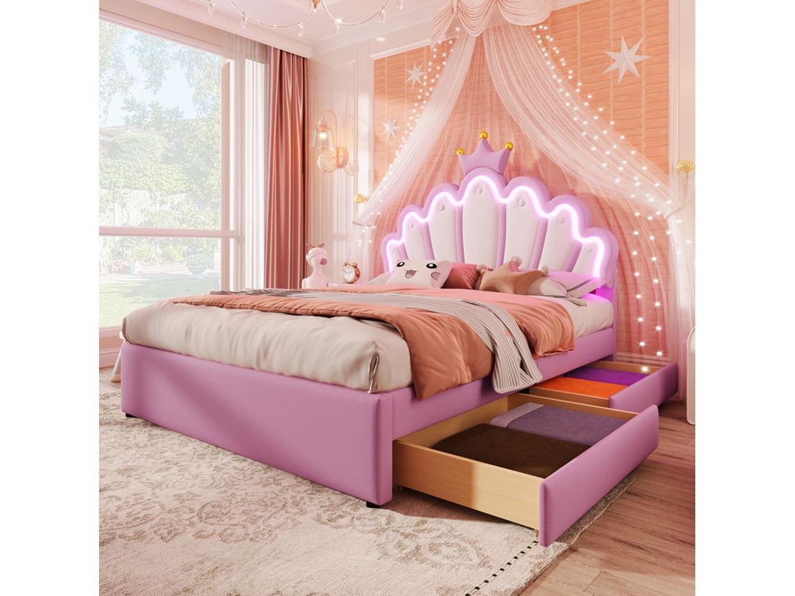 Cama Princesa Rosa 140x200 Cm 2 Gavetas Luz Remota Cabeceira Ajustável Sem Colchão