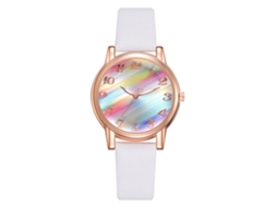 Relógio de Pulso Feminino Elegante com Mostrador Arco íris Degradê Pulseira de Couro Pu Branco