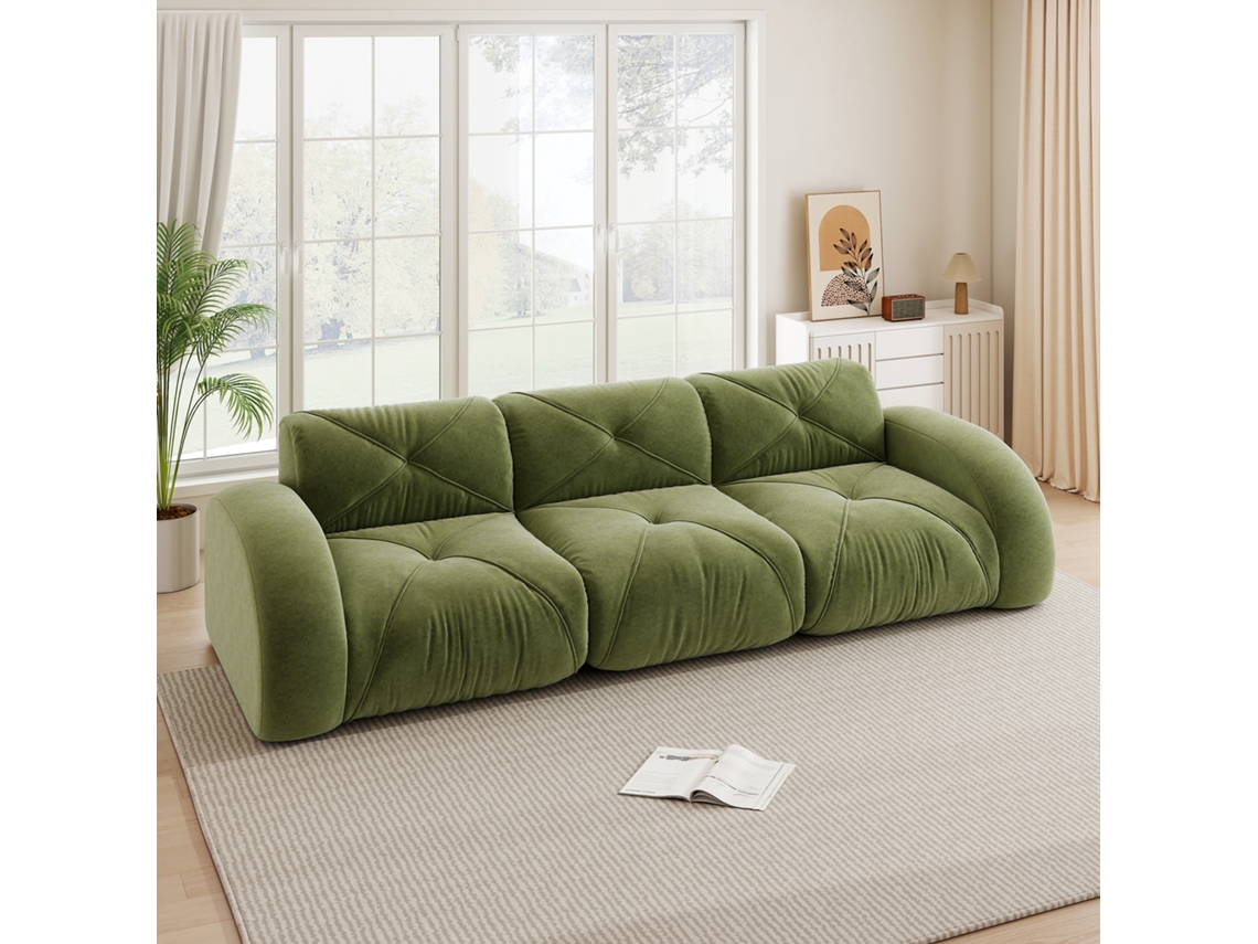 Sofá Modular 3 Lugares Sem Estrutura Em Chenille Macia, Verde