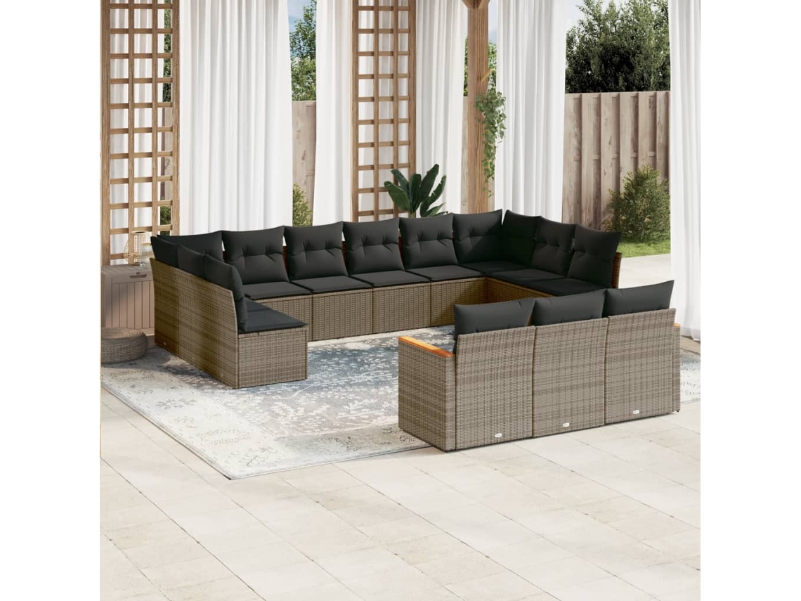 Vidaxl 13 Pcs Conjunto Sofás P/ Jardim C/ Almofadões Vime Pe Cinzento