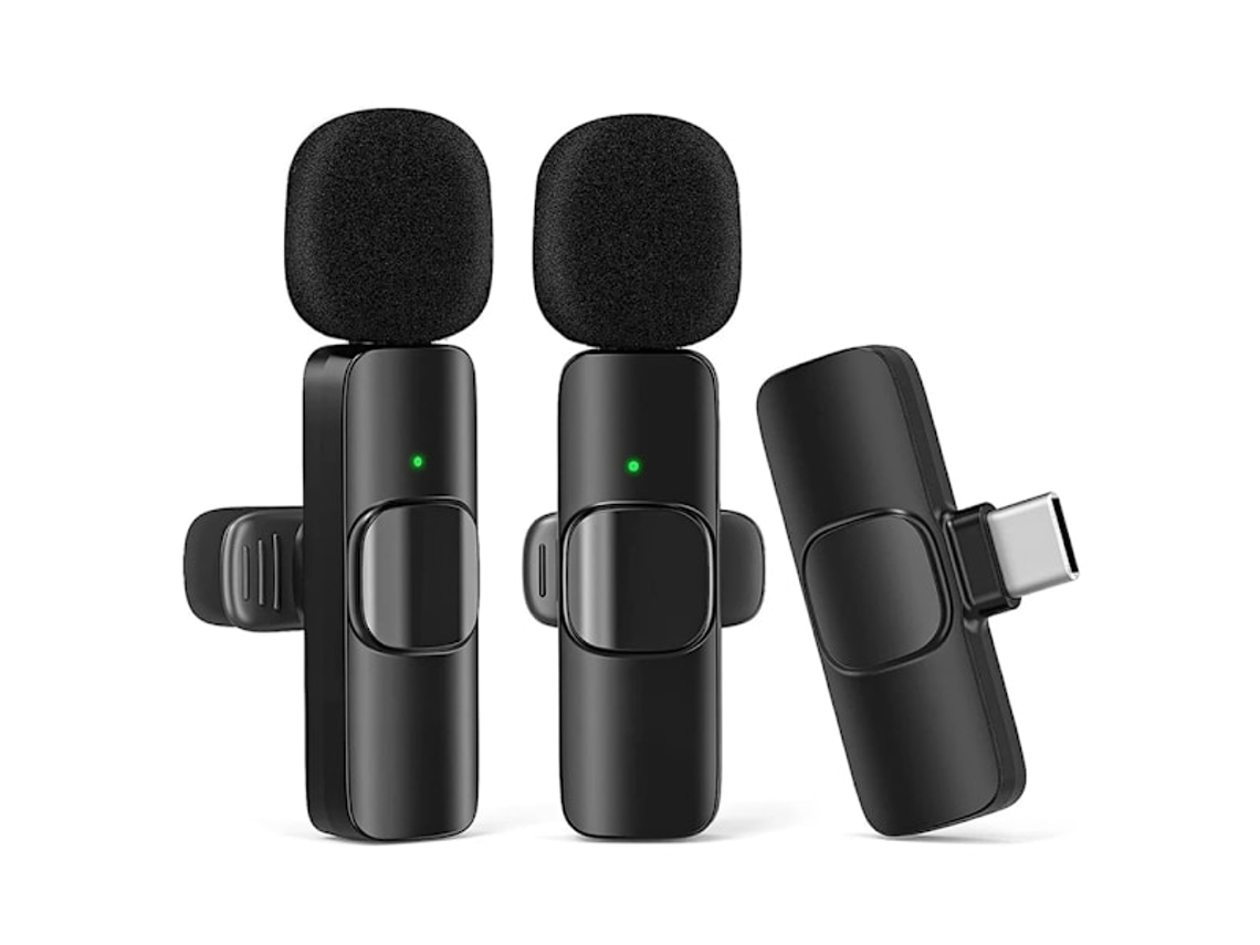 Pacote Com 2 Microfone De Lapela Para Celular Sem Fio Usb C Preto Aquaforge