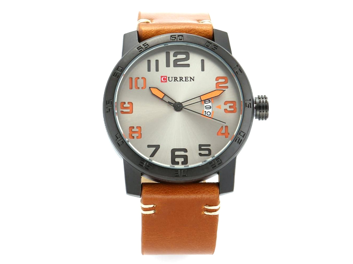 Reloj De Pulsera Cuarzo Para Hombre Estilo Fashion Impermeable Con Calendario Negro Gris Naranja