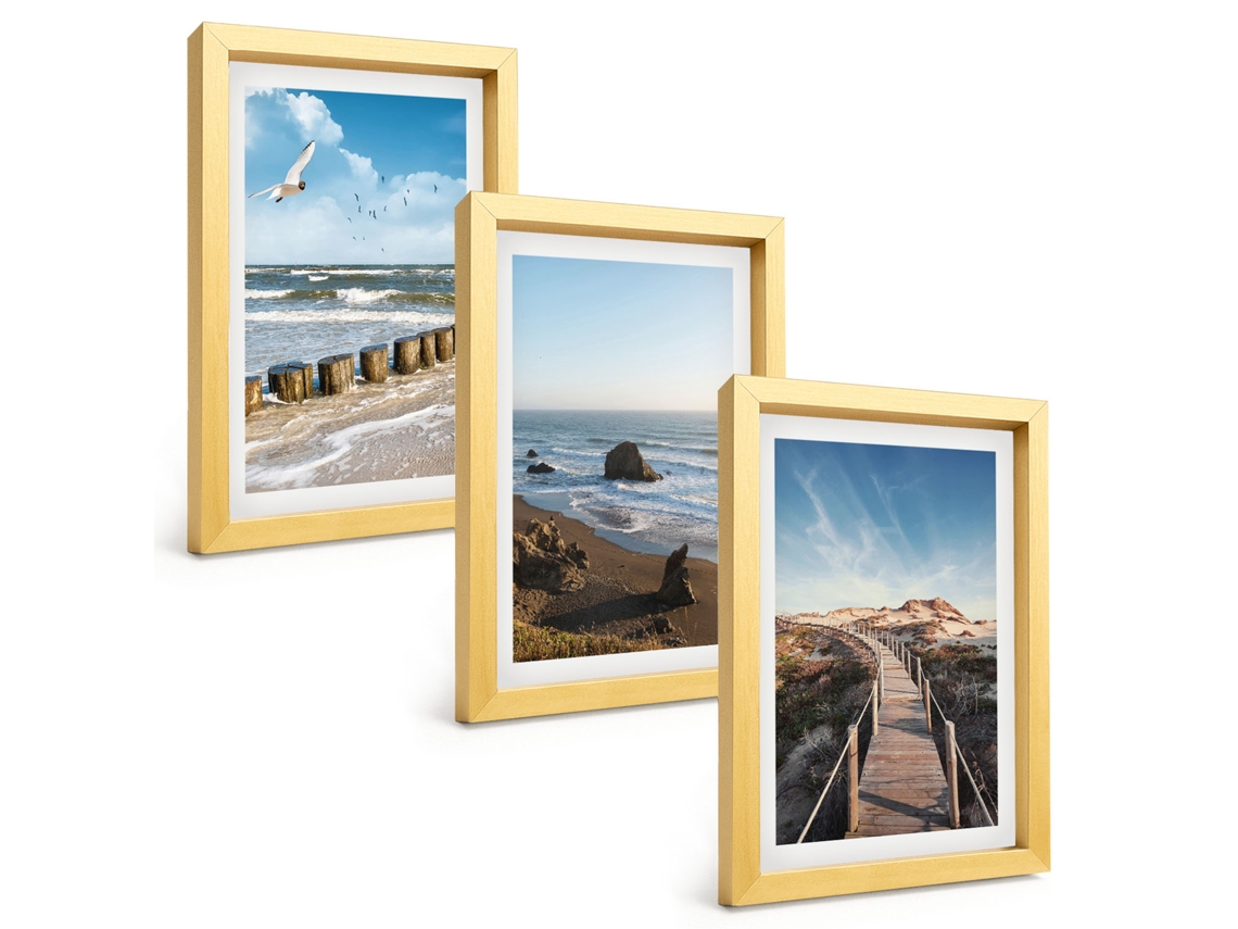 Quadros Decorativos Para Paredepraia, Ondas, Céu, Píer, Caminhada Moldura Dourada Quadros Para O Escritório Espelharte (3 Peças 20x30 Cm)