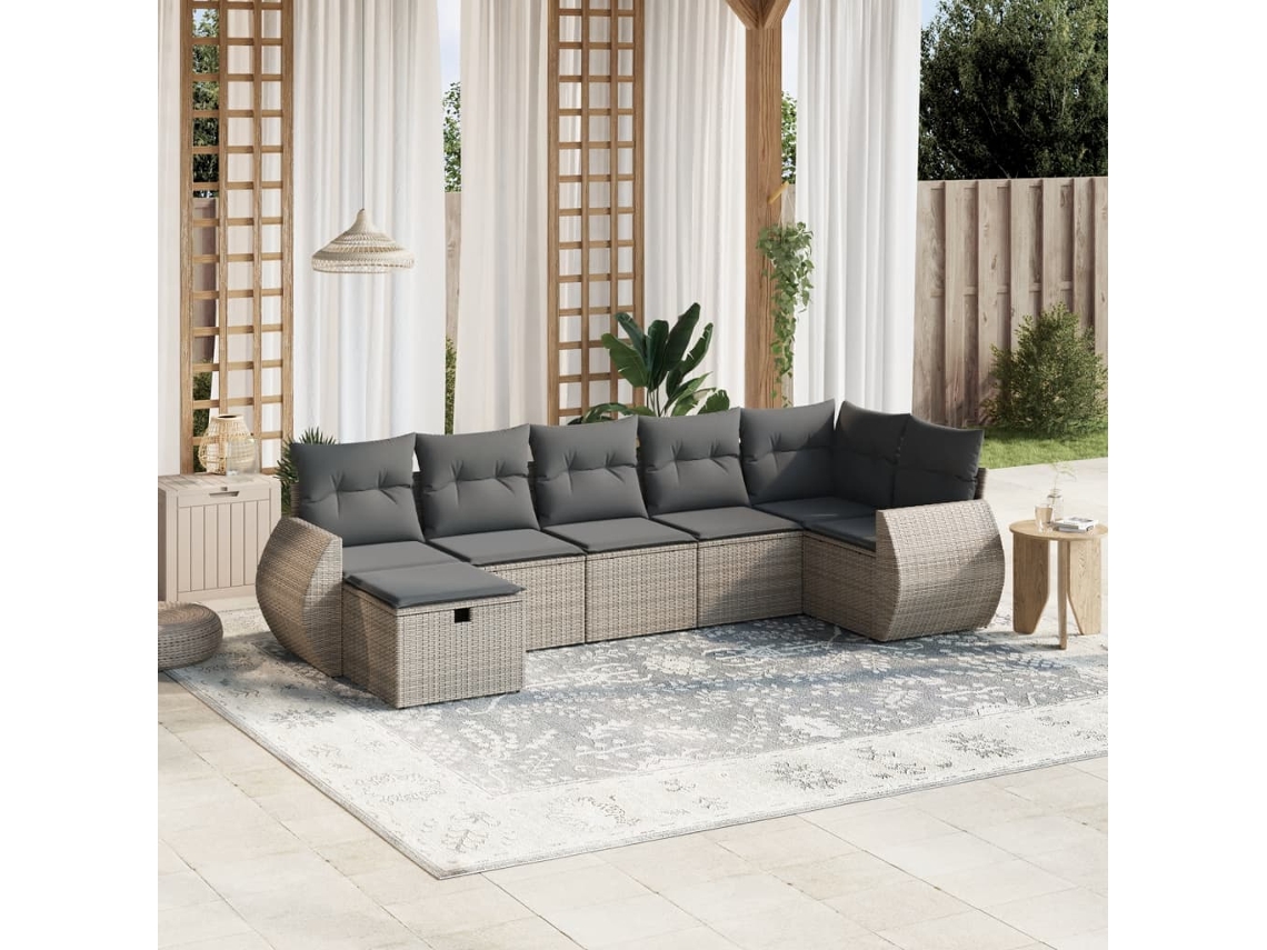 Vidaxl 7 Pcs Conjunto Sofás P/ Jardim C/ Almofadões Vime Pe Cinzento