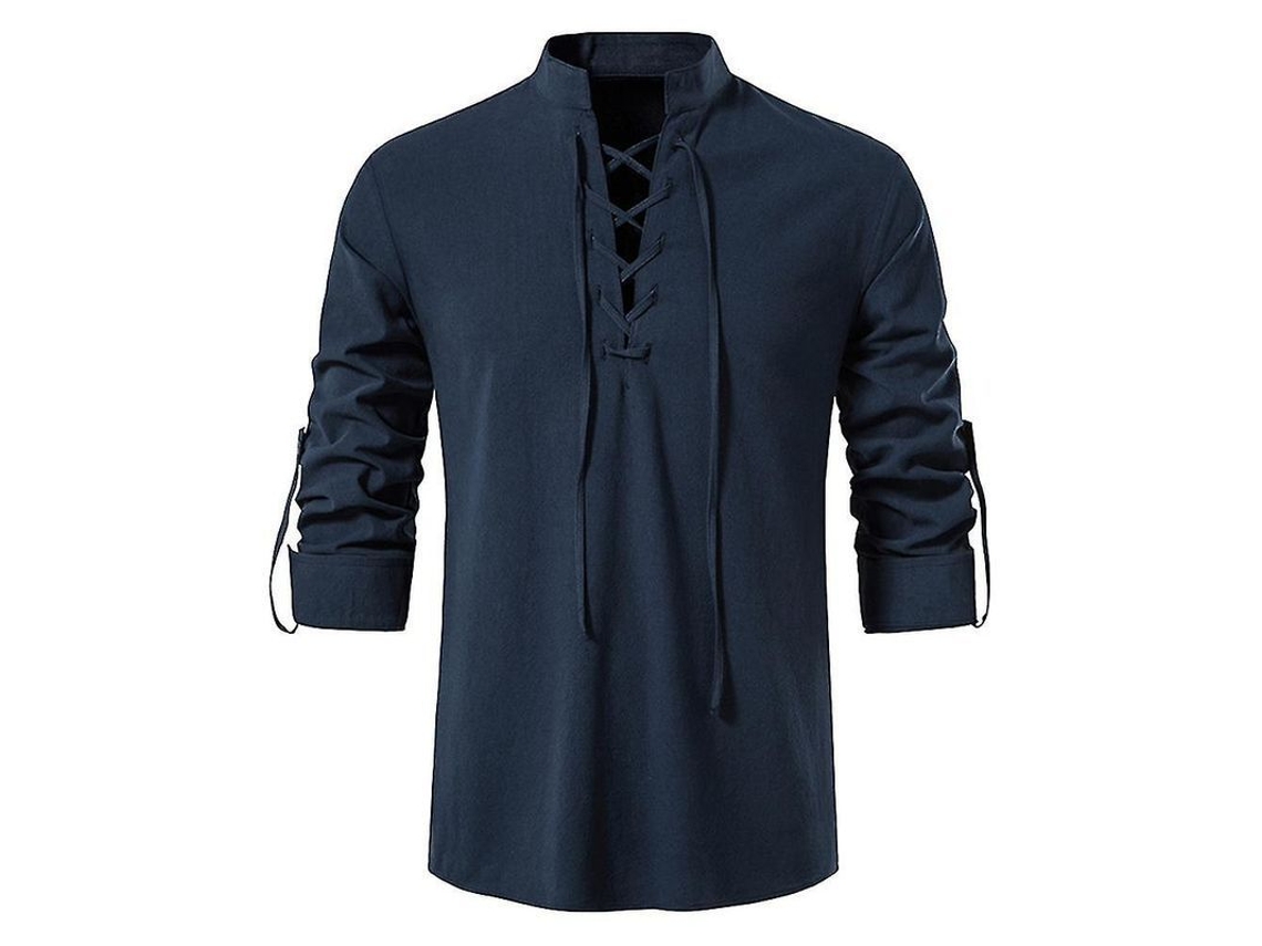 Camisa De Linho Casual Com Manga Longa, Gola De Pérola E Ajuste Solto Para Uso Diário E Férias De Verão Marinha