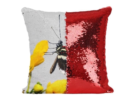 Almofada com Capa de Lantejoulas Lantejoulas Vermelhas Preto Branco e Borboleta Rabo de Andorinha Amarela em Uma Folha Country Nature Animals FABULOUS