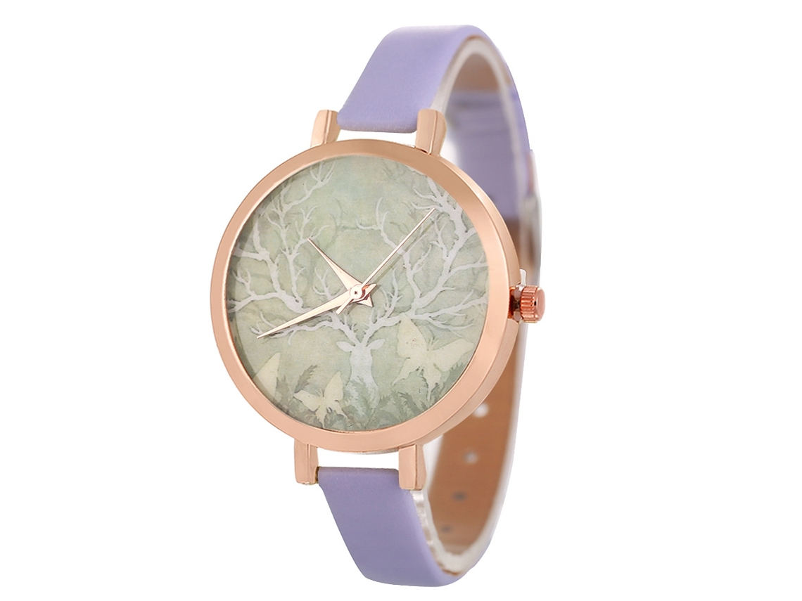 Relógio de Pulso Feminino Coreano Fashion com Pulseira de Couro Roxo Analógico de Quartzo