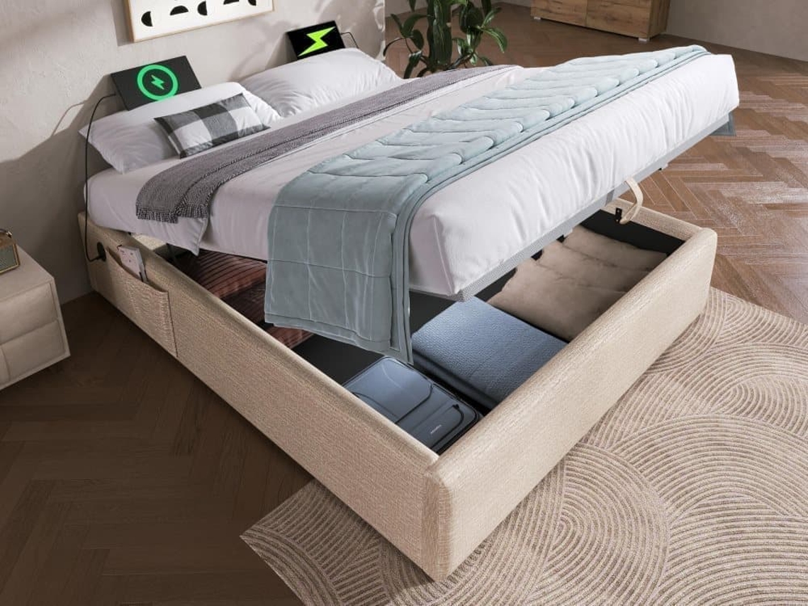 Cómoda Estofada 140×200 Cm - Tecido De Linho - Com Tomadas De Carregamento E Almofada De Ripas - Bege