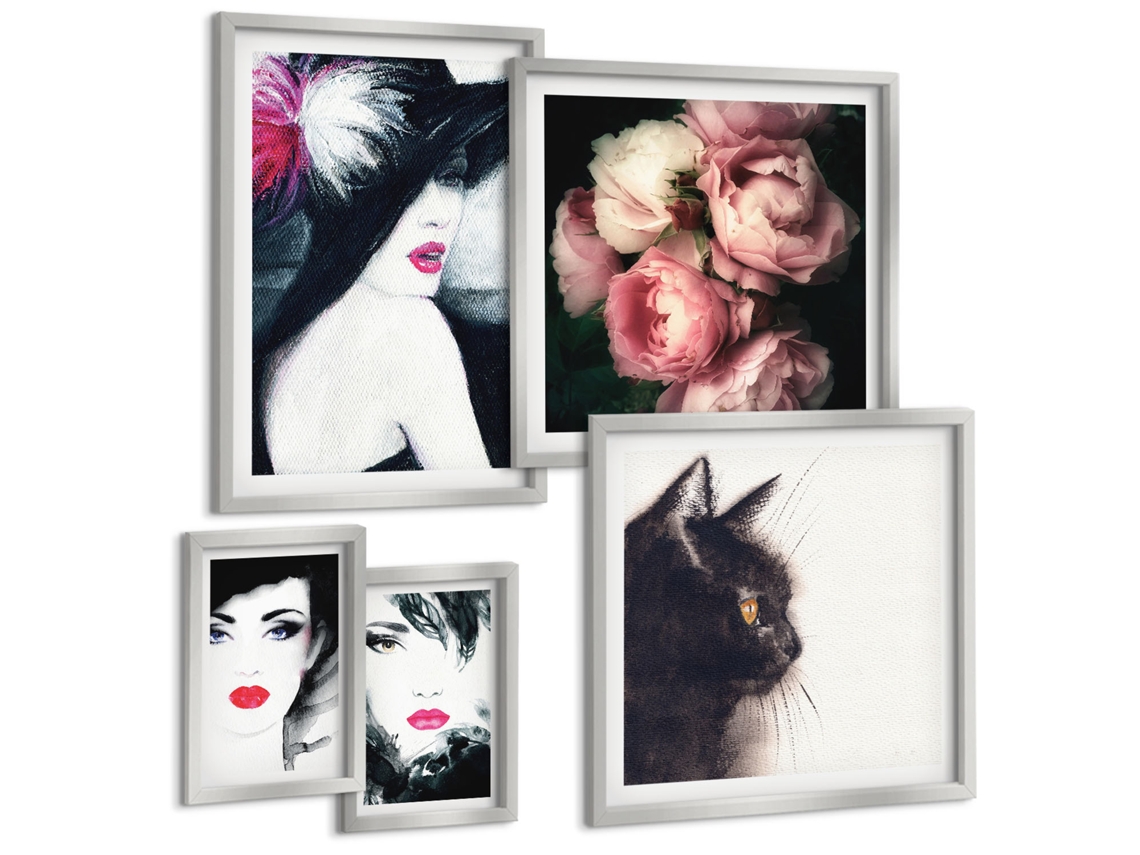 Quadros Decorativos Para Parede Folhas Tropicais Estéticas Moldura Prateada Fotos Para O Escritório Espelharte (conjunto De 5 Imagens)