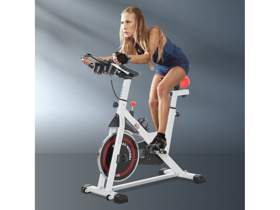 Bicicleta Ergométrica Na Cor Branca Com Ajuste De Resistência, Visor Lcd E Rodas De Transporte
