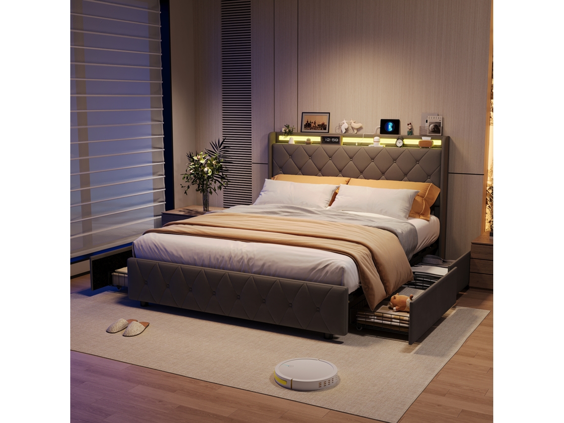 Cama De Casal Com Arrumação 160x200 Cm - 4 Gavetas Silenciosas + Led Rgb + Usb/type-c - Estofada Veludo Cinza - Estrutura Metálica Preta - Moderna