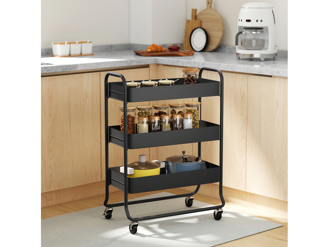 Kitchen Trolley, 3 Baskets, 4 Wheels, Metal, Black
