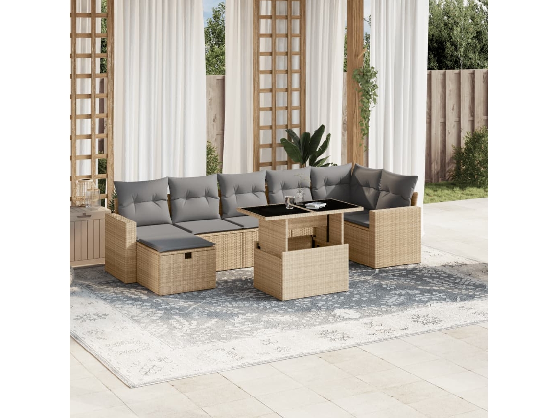 Vidaxl 8 Pcs Conjunto De Sofás P/ Jardim Com Almofadões Vime Pe Bege