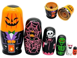 Conjunto De 6 Bonecas Russas De Madeira Com Caveiras Fantasmagóricas Para O Halloween |