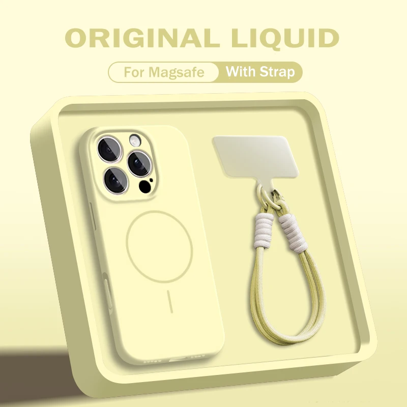 Capa Protetora De Silicone Líquido Com Carregamento Magnético (amarelo Para Iphone 14 Plus) Com Alça De Pulso E Cordão.