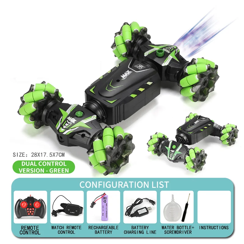 (verde) Carrinho De Brinquedo Com Controle Remoto, Acrobacias E Derrapagem Com Jato De Água Por Gestos