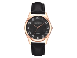 Relógio de Pulso de Quartzo Elegante com Pulseira de Couro Quadro Ouro Rosa e Mostrador Preto Grande