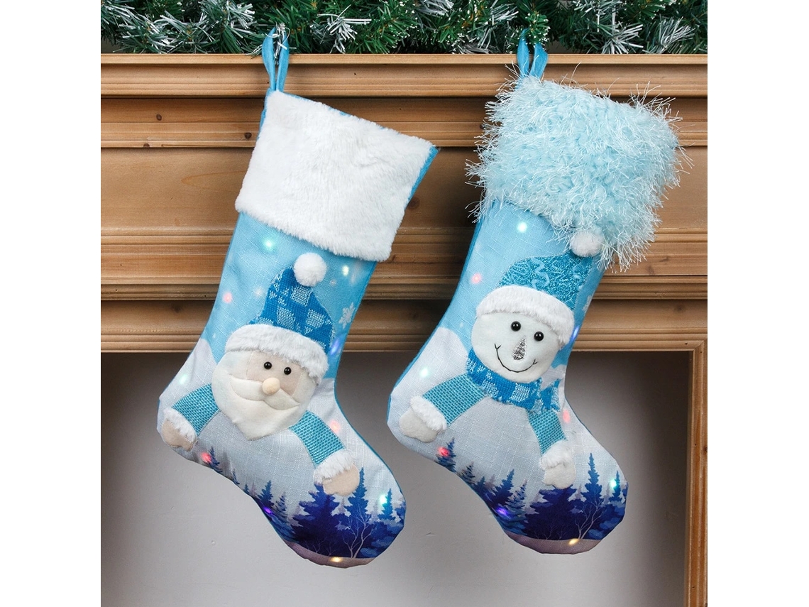 2 Meias De Natal Com Luzes Bordadas Com Boneco De Neve Azul Grande