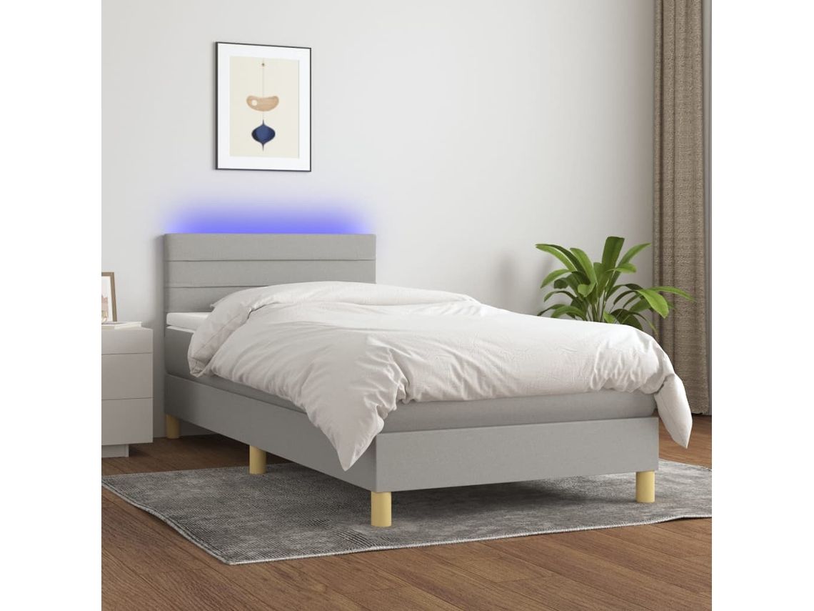 Vidaxl Cama Box Spring C/ Colchão E Led 100x200 Cm Tecido Cinza-claro