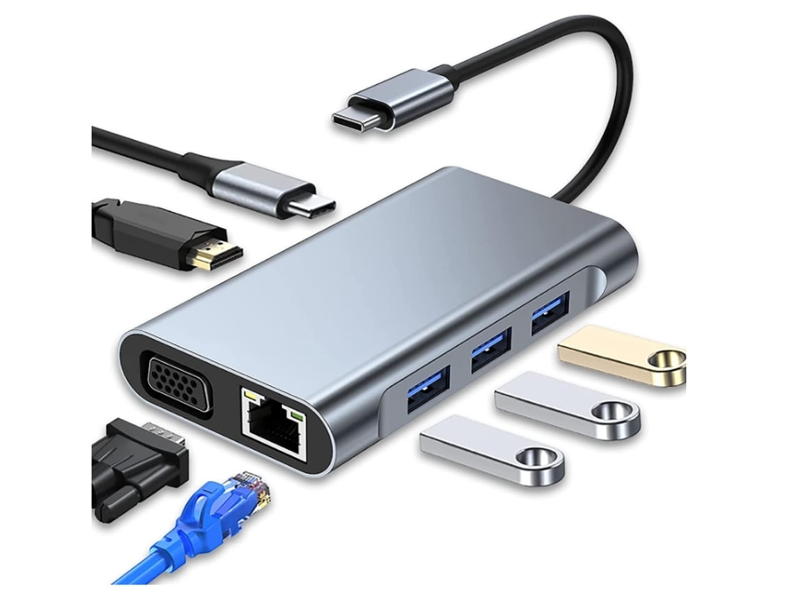 Hub Usb C Adaptador Usb C Multiporta 7 em 1 com 4K Hdmi Vga Usb 3.0 100 W Pd e Rj45 Ethernet Sliver