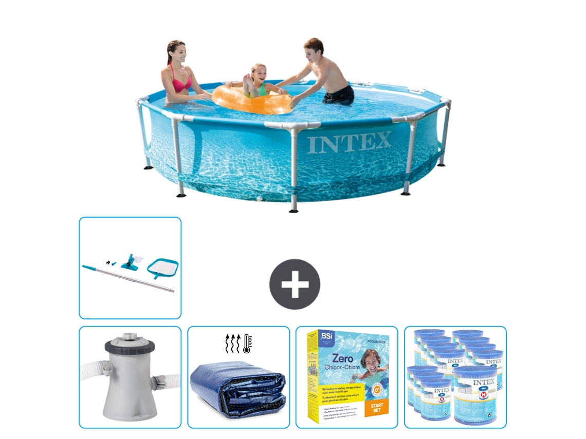 Piscina INTEX com Estrutura Redonda 305 X 76 Cm Impressão D'Água Inclui Bomba Vela Solar Pacote de Manutenção Filtros Kit de Limpeza