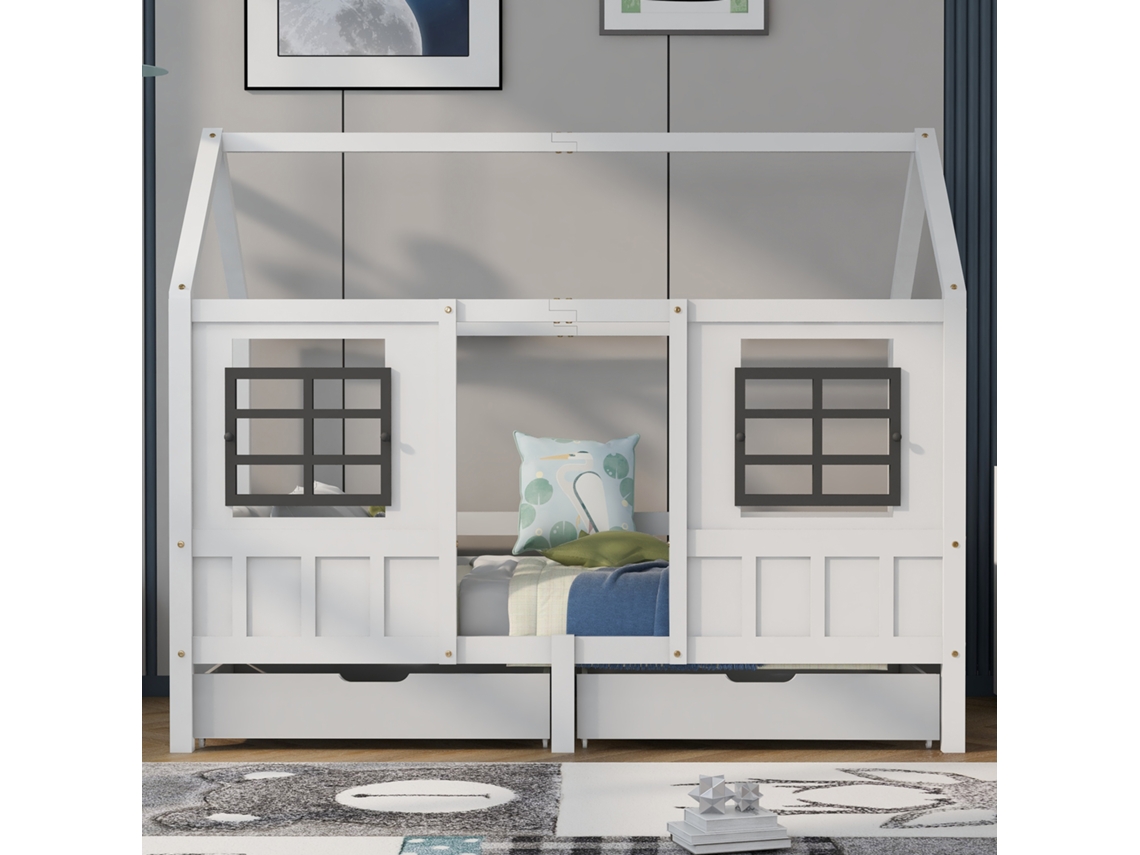 Cama Casinha Madeira 90x200 2 Gavetas 2 Janelas Branca