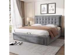 Cama Contentor Estofada Em Veludo 140x200cm - Com Gaveta E Estrado De Molas - Cinzento (sem Colchão)