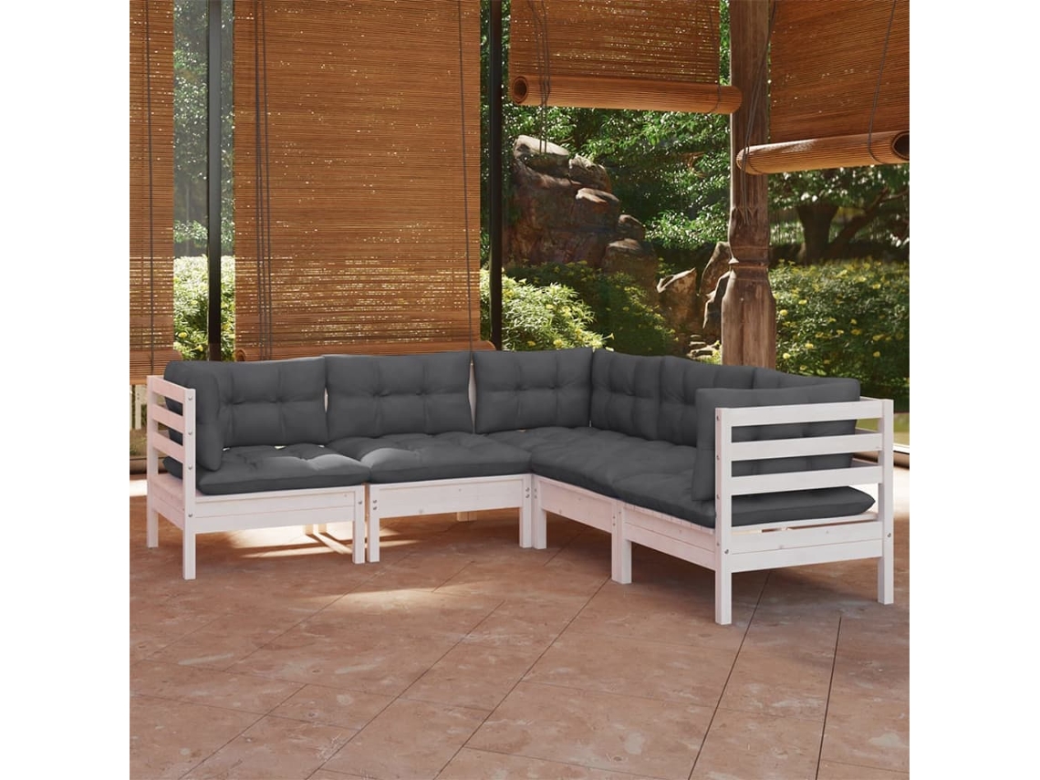 Vidaxl 5 Pcs Conj. Lounge De Jardim C/ Almofadões Pinho Maciço Branco