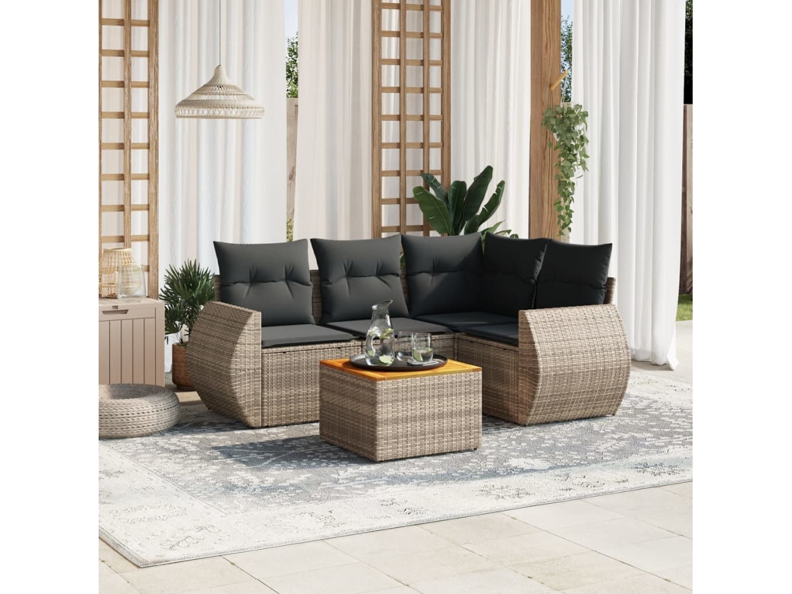 Vidaxl 5 Pcs Conjunto Sofás De Jardim C/ Almofadões Vime Pe Cinzento