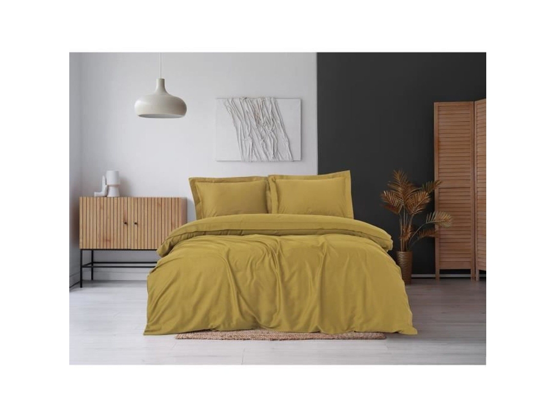 Conjunto de Cama - Capa de Edredom 220 x 240 + 2 Fronhas 60 x 60 - Cetim de Algodão - Mostarda