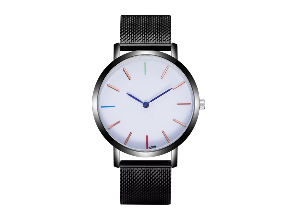 Relógio de pulso masculino Zhoulianfa com mecanismo de quartzo, pulseira de malha e mostrador redondo simples (preto)