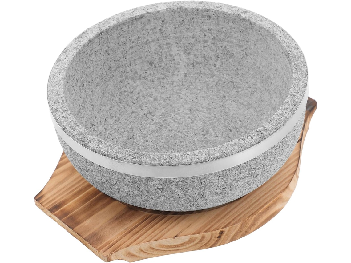 Tigela De Pedra Coreana De 18 Cm E 800 Ml Com Base De Madeira Para Cozinha.