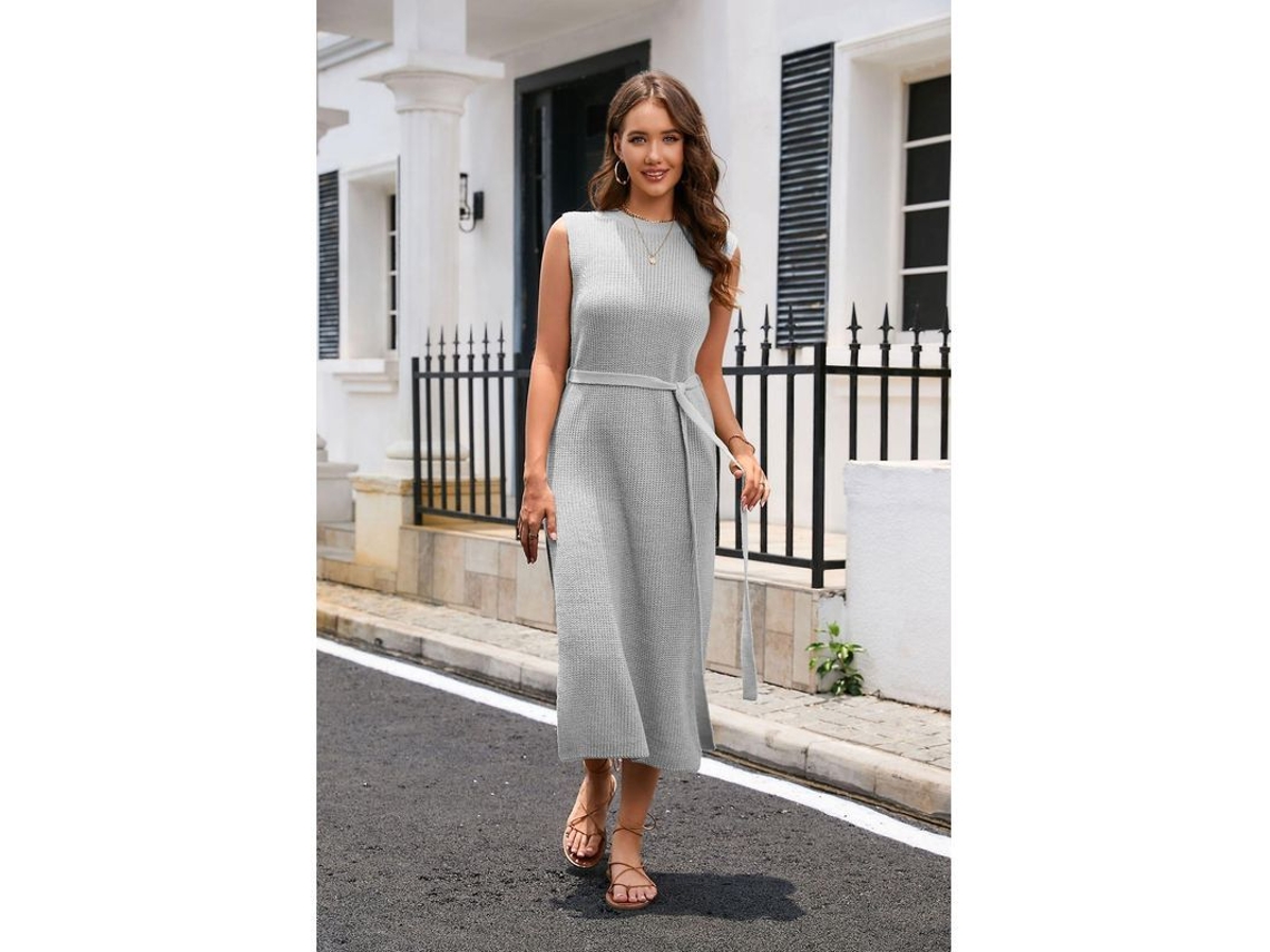 Vestido de malha com gola redonda e cinto, modelo 2026, respirável e confortável para viagens diárias.