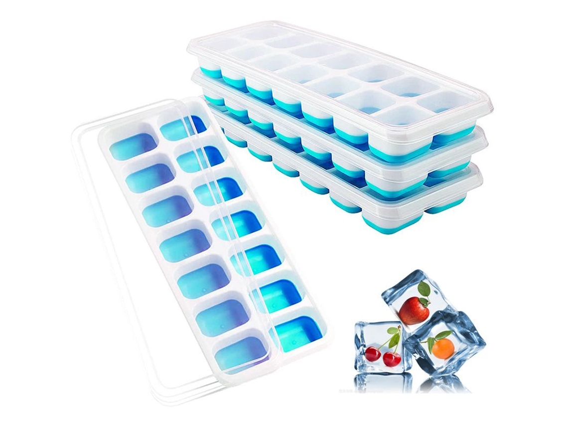 Forma De Silicone Com 4 Compartimentos Para Cubos Gelo, Com Tampa De Fácil Abertura, Azul