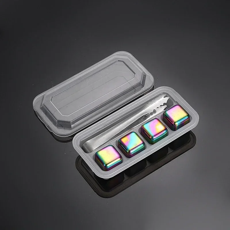 Cubos de Gelo Reutilizáveis de Aço Inoxidável, Congelamento Rápido, Metal de Qualidade Alimentar MDUG (colorido, 4pcs, com Grampos)