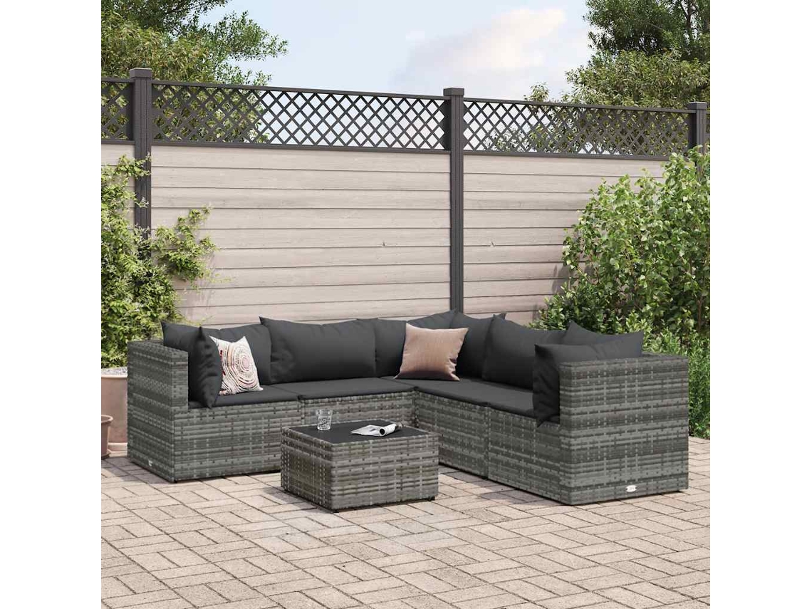 6 Pcs Conjunto Lounge De Jardim C/ Almofadões Vime Pe Cinza Dkd Home Decor