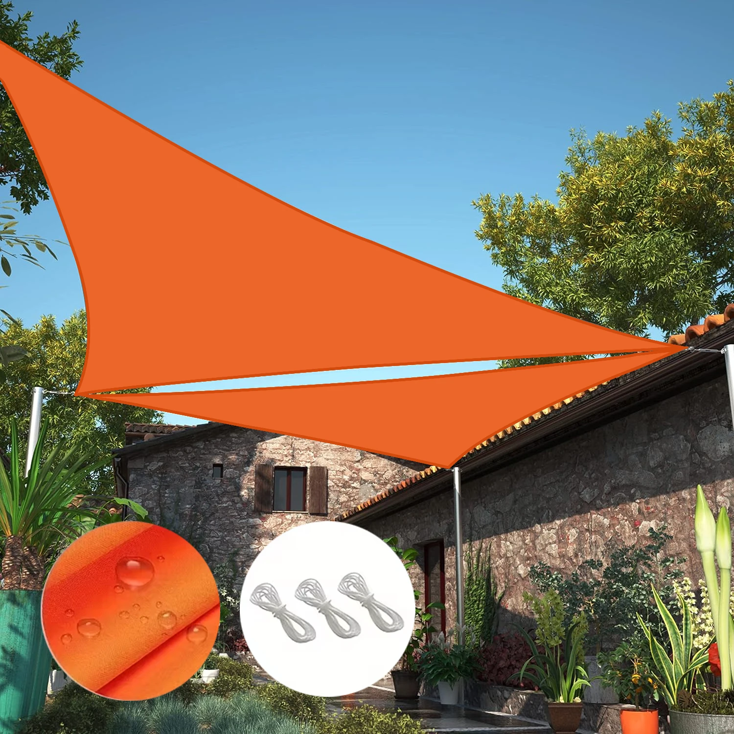 Vela de Sombra Triangular Portátil, Fácil de Instalar, Adequada para Piscinas e Pátios. MDUG (laranja, 3x3x3m)