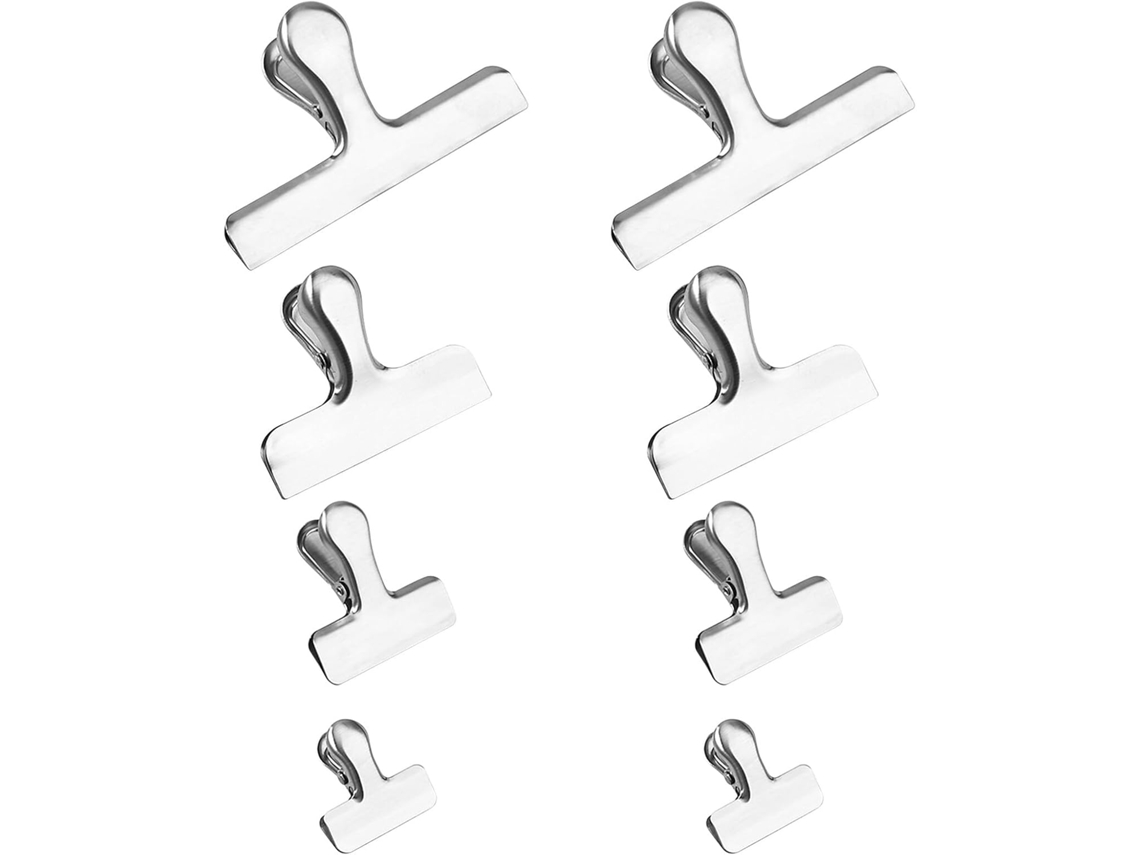 Conjunto de 8 prendedores para selar sacos em aço inoxidável Callaron, 4 tamanhos: 4, 5, 5, 7, 6 e 12 cm, multiuso para alimentos.
