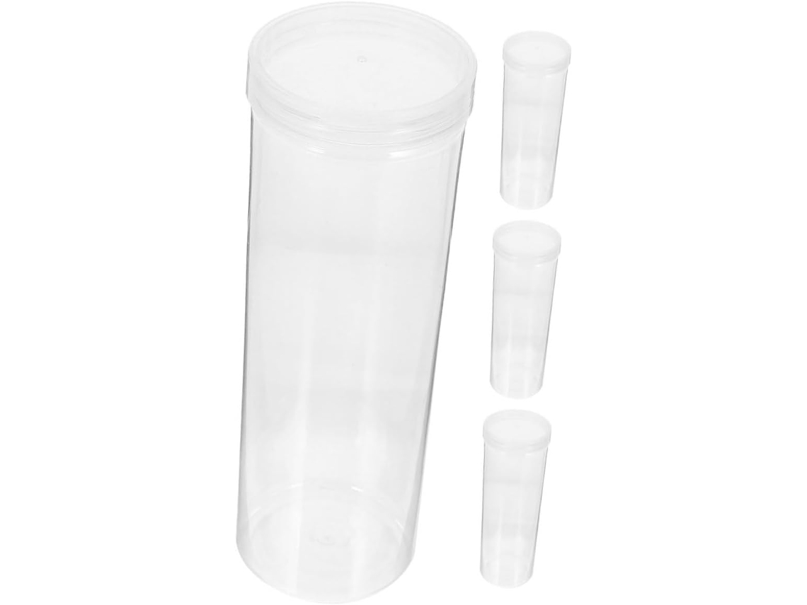 Organizador de mesa transparente em plástico com 4 porta-lápis, recipientes cilíndricos com tampas, grande capacidade.